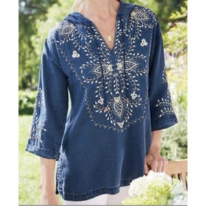 Soft Surroundings Lyocell Regio Hoodie Top Emboidered Dark Denim Size XS Petite